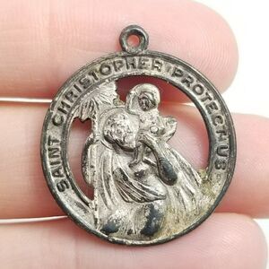 Vintage Saint Christopher Protect Us Medallion Pendant Charm Silver Tone Catholi